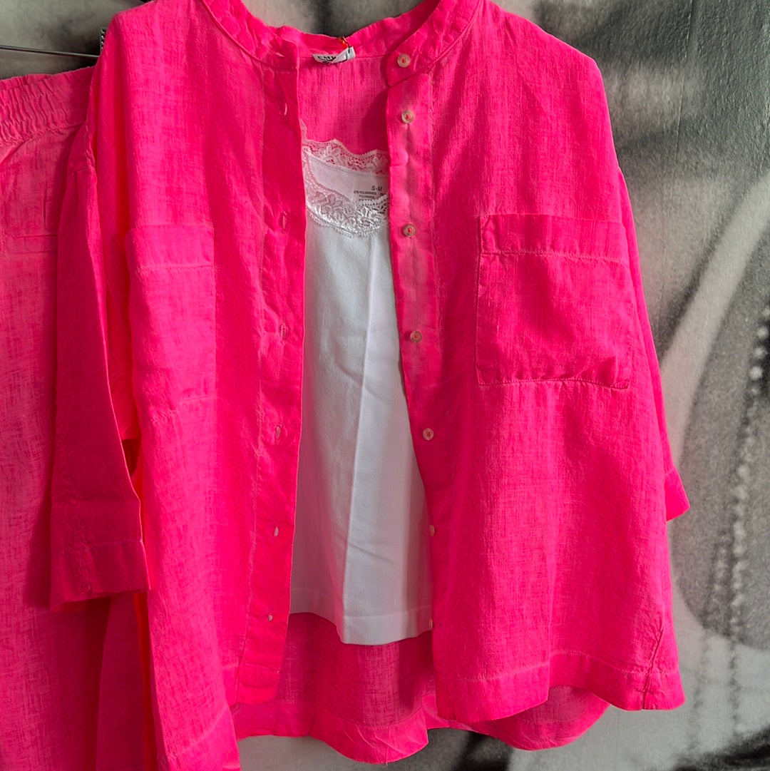 Bluse , Boxy Leinenbluse , Neonpink , Emily van den Bergh
